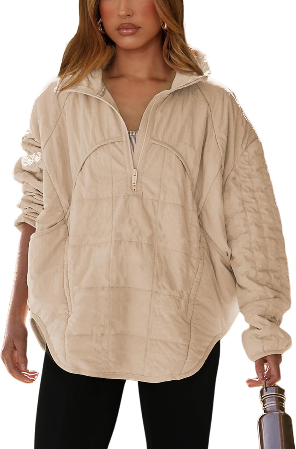 Daacee Oversized Lightweight Quilted Pullover Jacket for Women Half Zip Up Puffer Jackets Padded Outwear XS-2XL