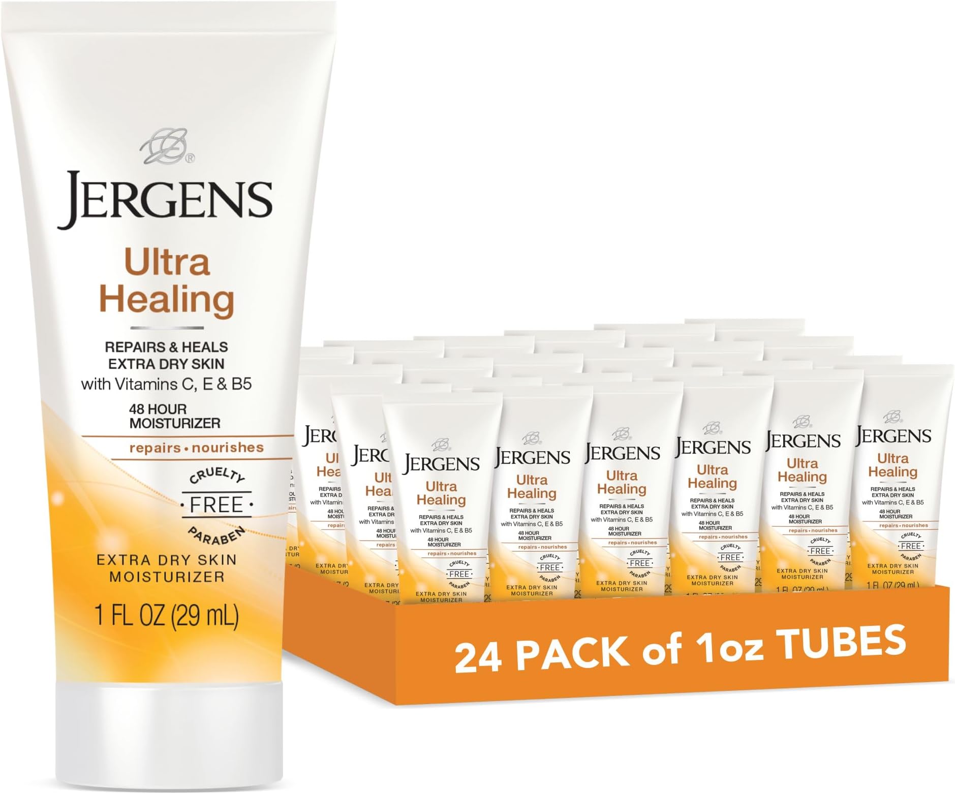 Jergens Ultra Healing Dry Skin Moisturizer, Travel Size Body and Hand Lotion, for Extra Dry Skin, Use After Washing Hands, HYDRALUCENCE blend, Vitamins C, E, B5, 1 Fl Oz (Pack of 24)