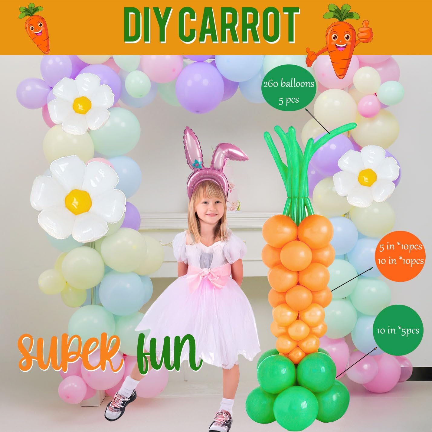 Easter balloon garland arch kit with polka dot Easter daisy bunny carrot head hoop Pastel letter foil balloons for spring big resurrection day he is risen birthday baby shower party decorations