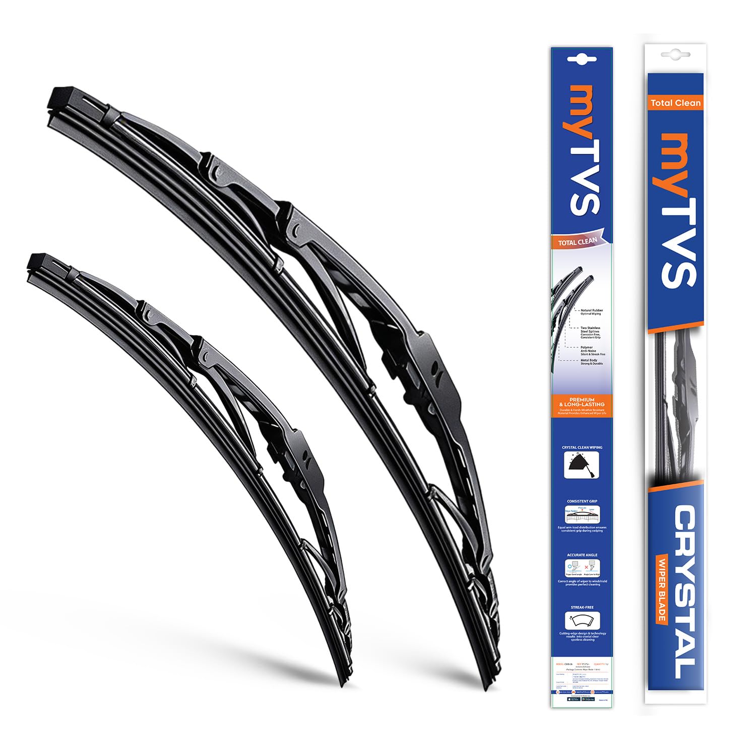 myTVS Crystal Wiper Blade | Premium All-Season Windshield Wiper for Cars | Set of 2 | Size 22" x 19" Inches