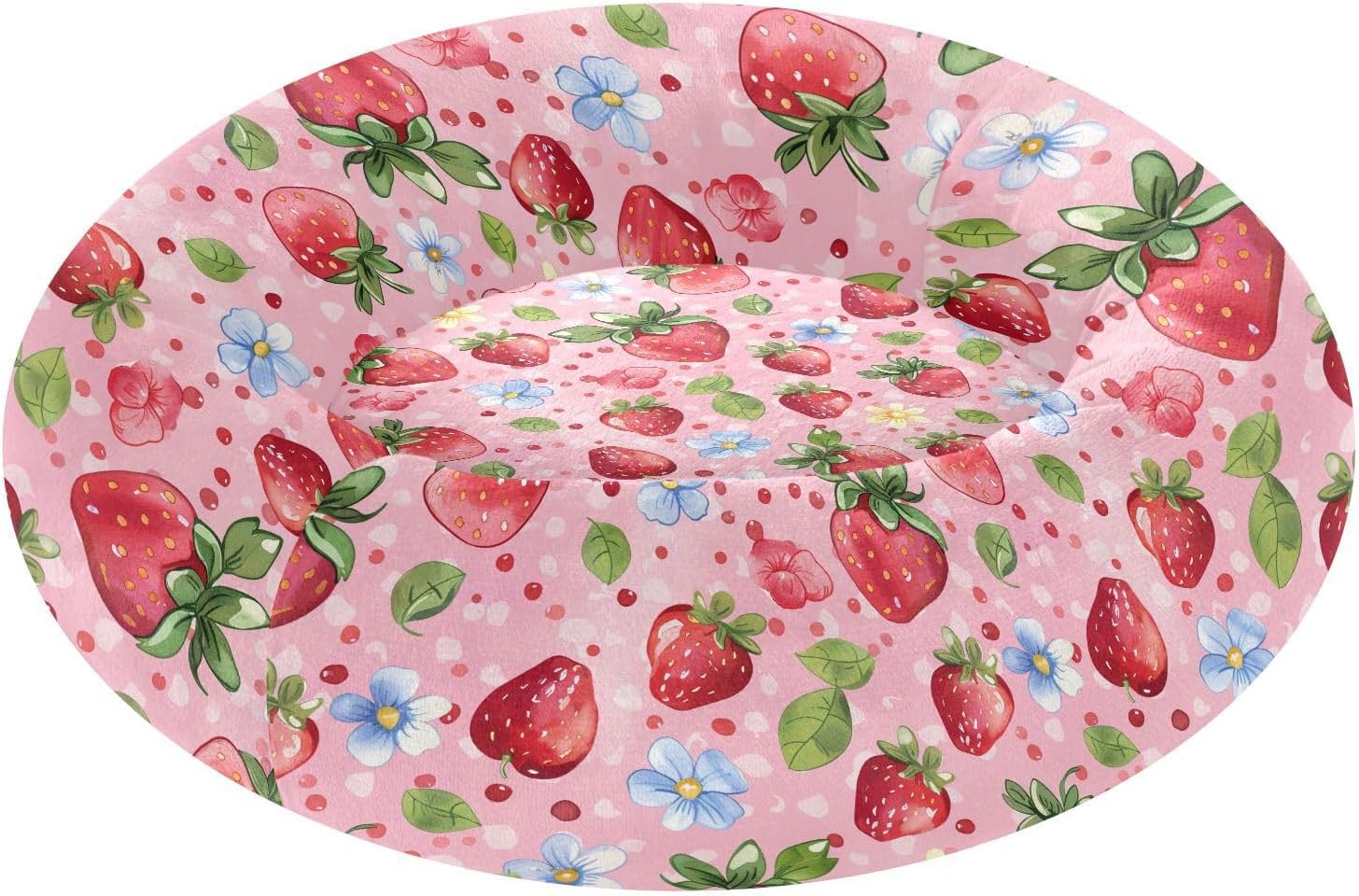 Pet Dog Bed Warm & Soft Fluffy Cat Pillow Bed for Medium Size Pets Sleeping M Cute Strawberries and Blue Flowers Pink