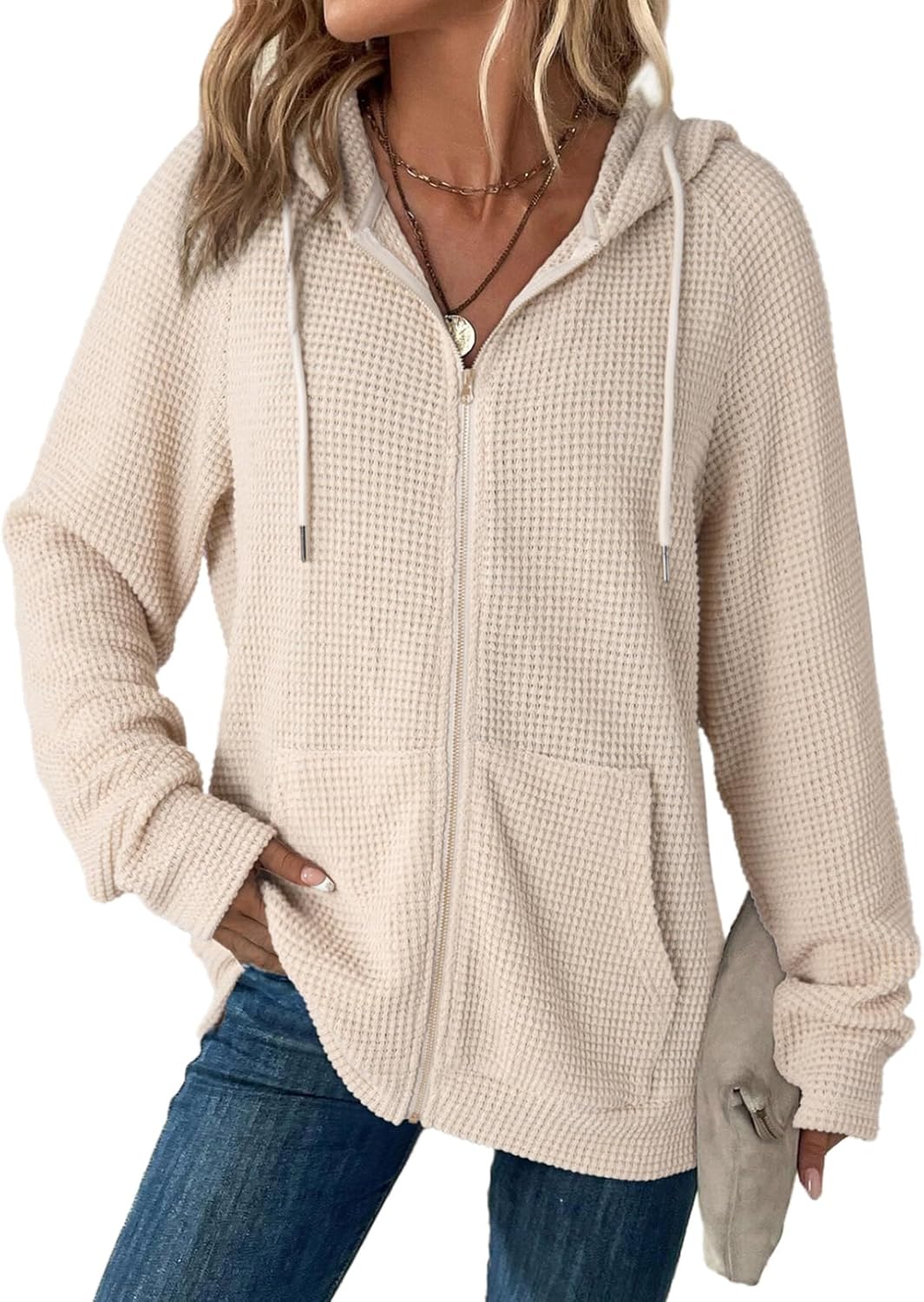 Dokotoo Women's Full Zip Up Hoodies Waffle Knit Long Sleeve Drawstring Casual Sweatshirt Hooded Tops