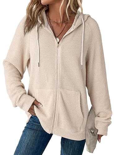 Dokotoo Women's Full Zip Up Hoodies Waffle Knit Long Sleeve
