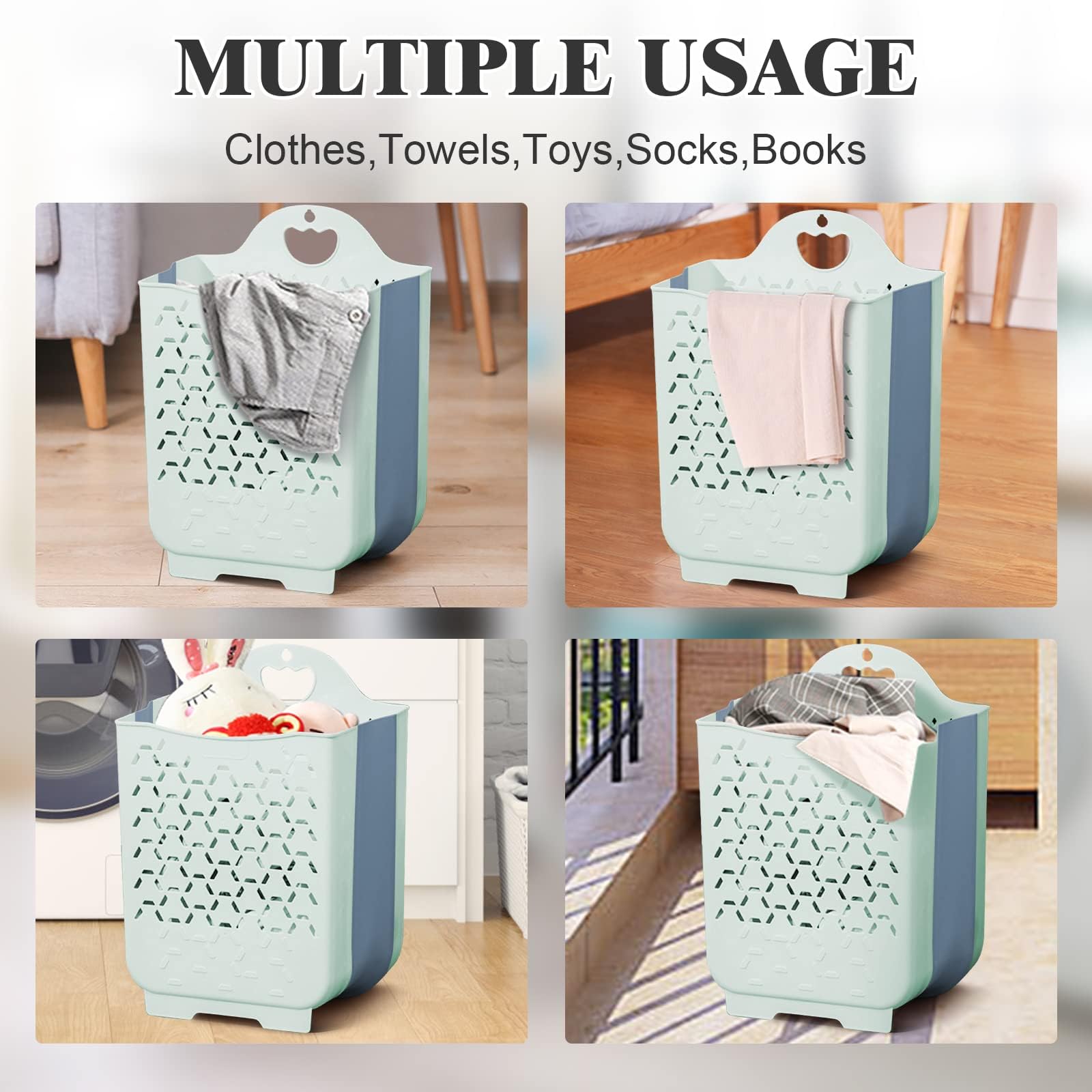 Cesto portabiancheria pieghevole, confezione da 2 pezzi, portatile, per risparmiare spazio, per lavanderia, dormitorio, design ventilato (blu)