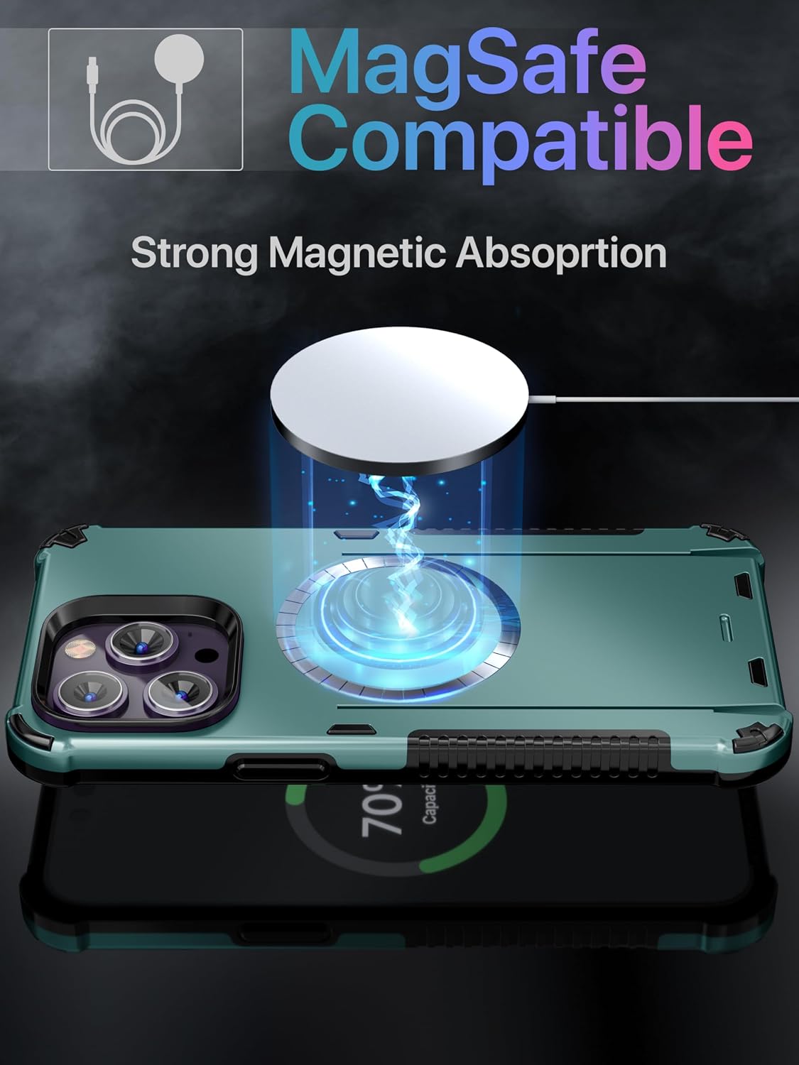 TORU MX PRO for iPhone 14 Pro Max Slim Hard Wallet Case | Dual Layer Protective Shockproof Cover with Built-in Magnets for MagSafe Compatible | Detachable Sliding Card Holder for 3 Cards - Green