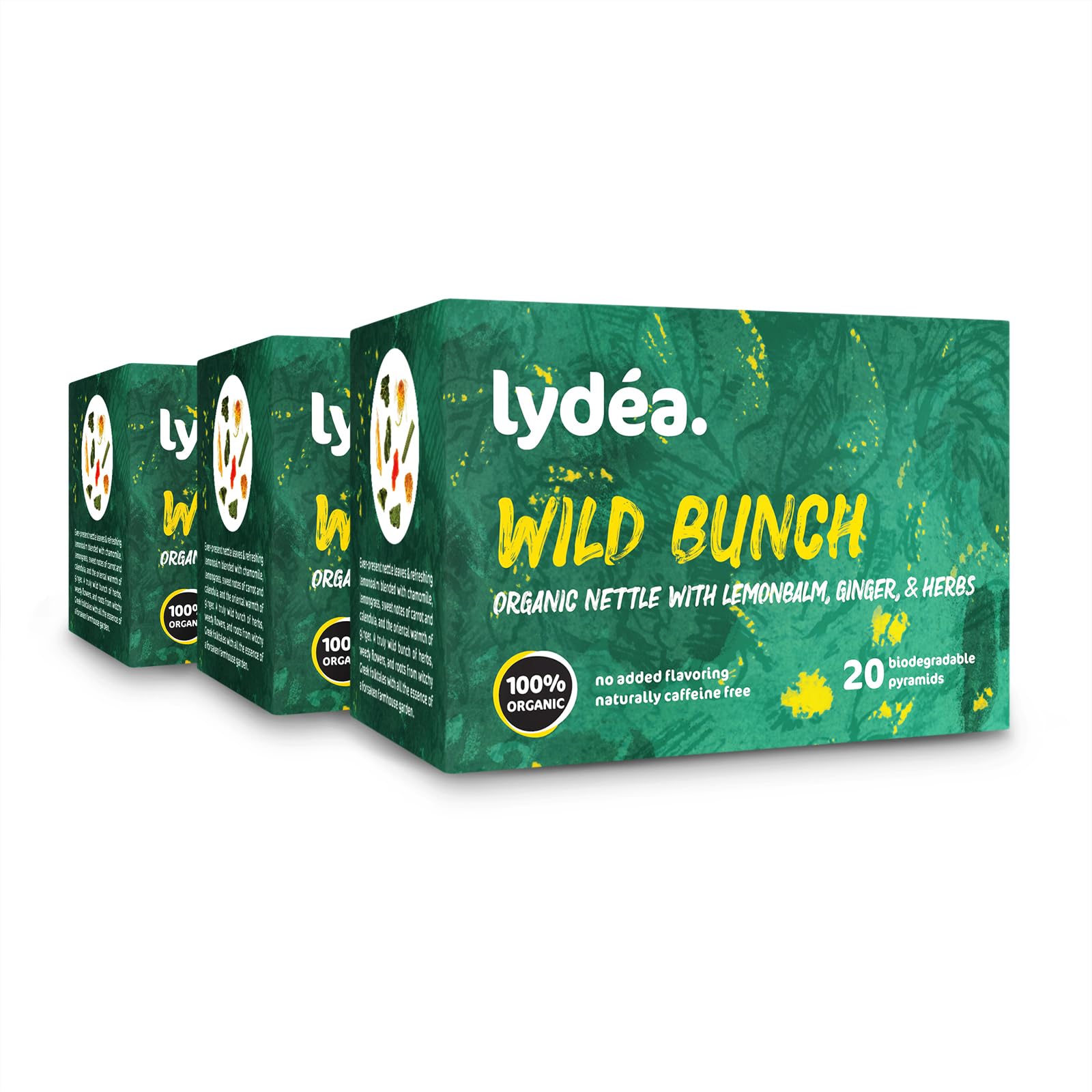 Lydea Ortie biologique – Délicieux mélange de tisanes avec gingembre, mélisse et plus – Naturellement sans caféine, 60 pyramides biodégradables, paquet de 3 [3 x 20 pyramides]