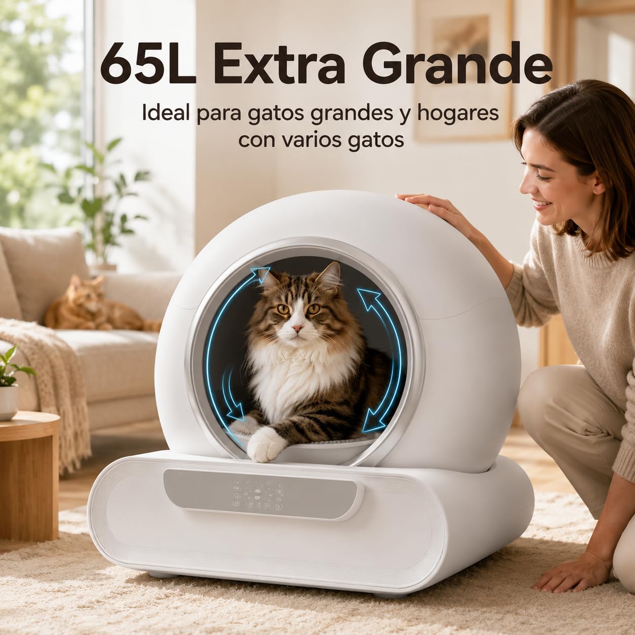 Arenero Automático para Gatos, 65L Gran Capacidad, Autolimpiable con Control App, Sensores de Seguridad Inteligentes, Eliminación de Olores, Ideal para Varios Gatos