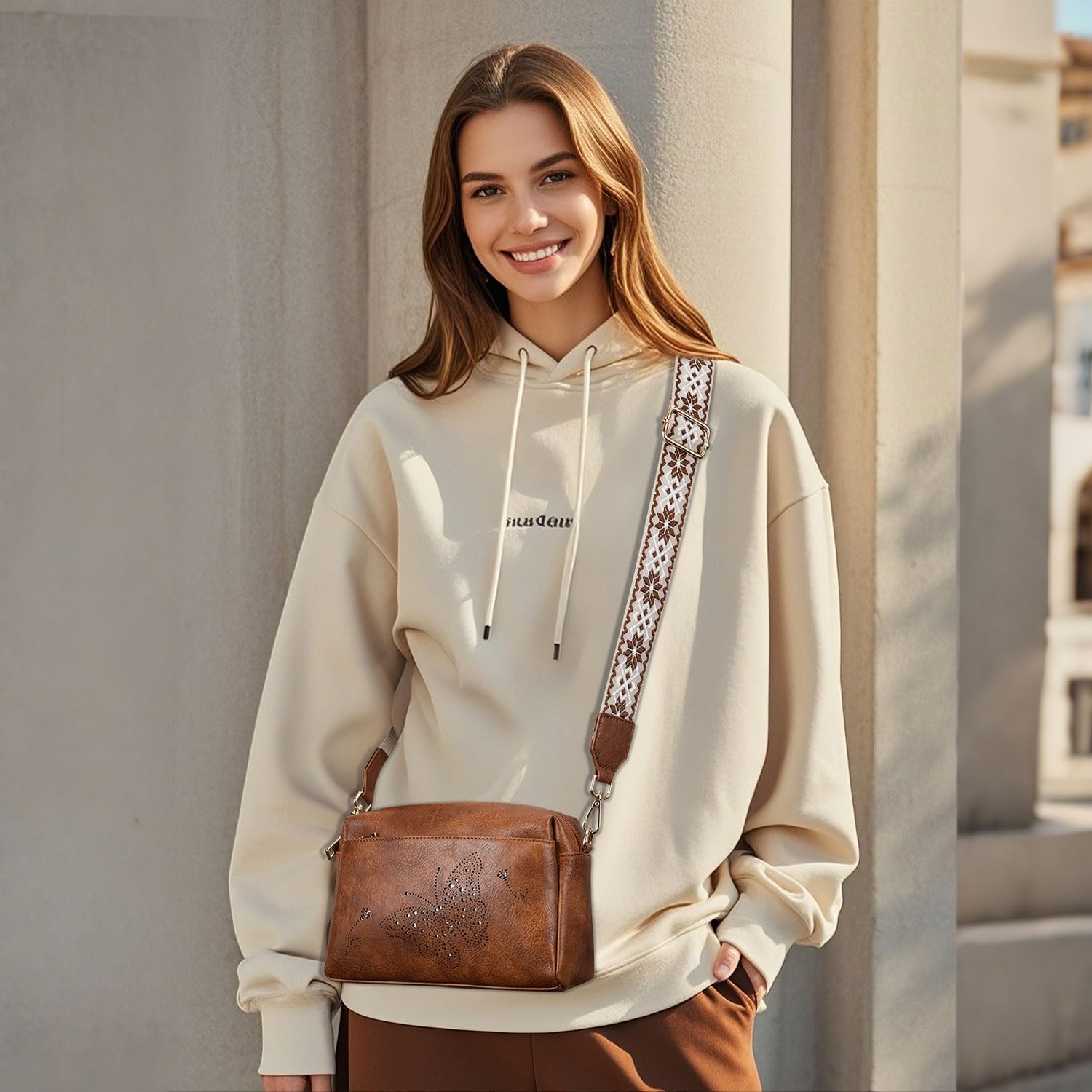 Crossbody Bags for Women, Vegan Leather Small Crossbody Purse Butterfly Shoulder Handbags with Wide Strap - Image 2