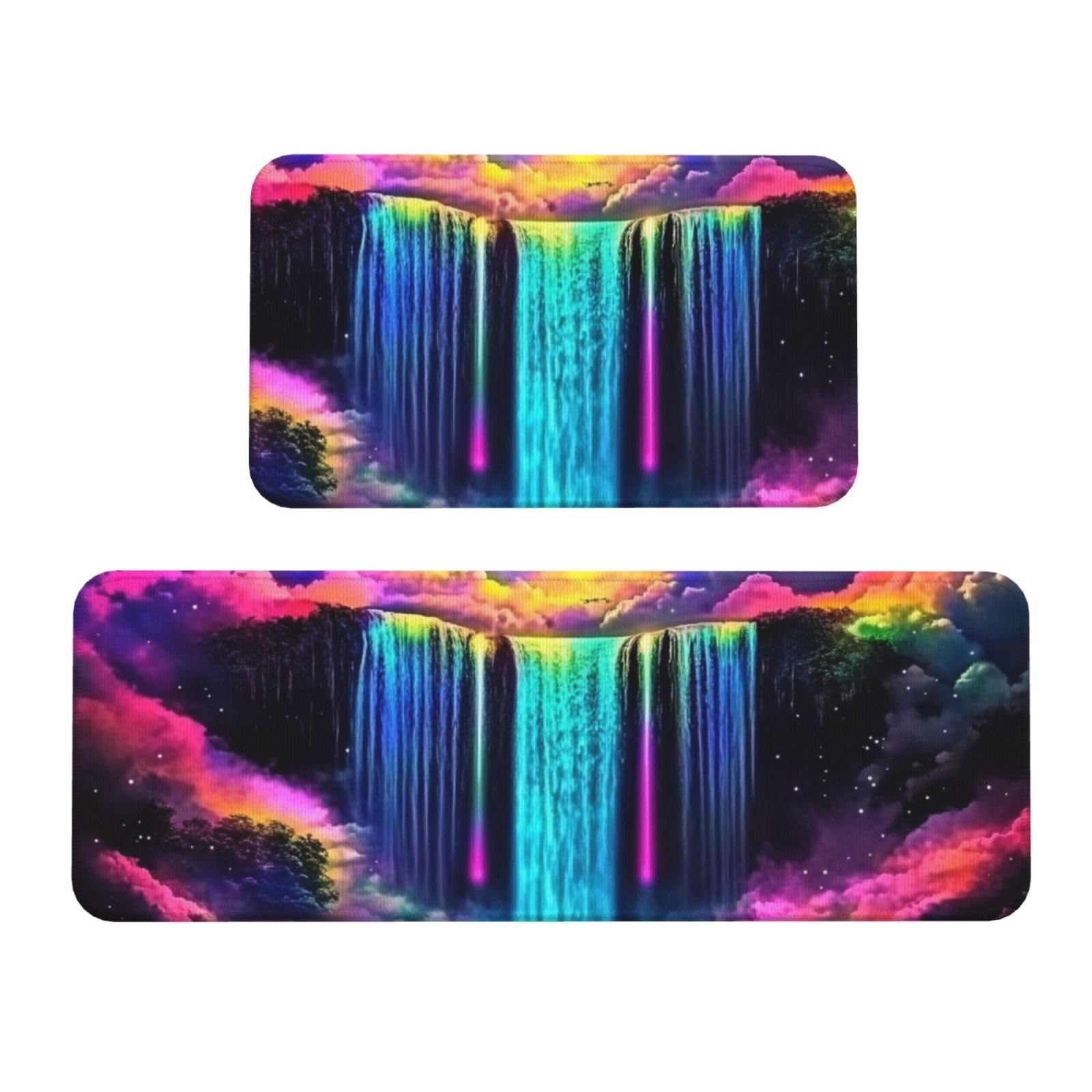 Tapete de cocina antideslizante y lavable, alfombra acolchada con diseño de cascada arco iris