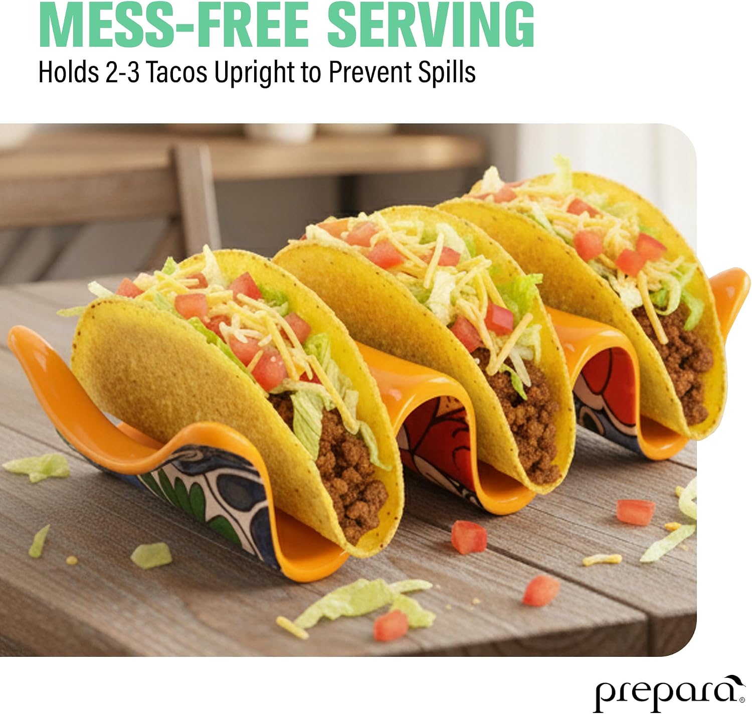 Prepara Taco Holder, 3-Pack - Taco Rack for Upright Serving, Durable Melamine Food Stand, Mess-Free Table Organizer, Fun Dinner Accessory for Parties & Everyday Meals (Yellow)