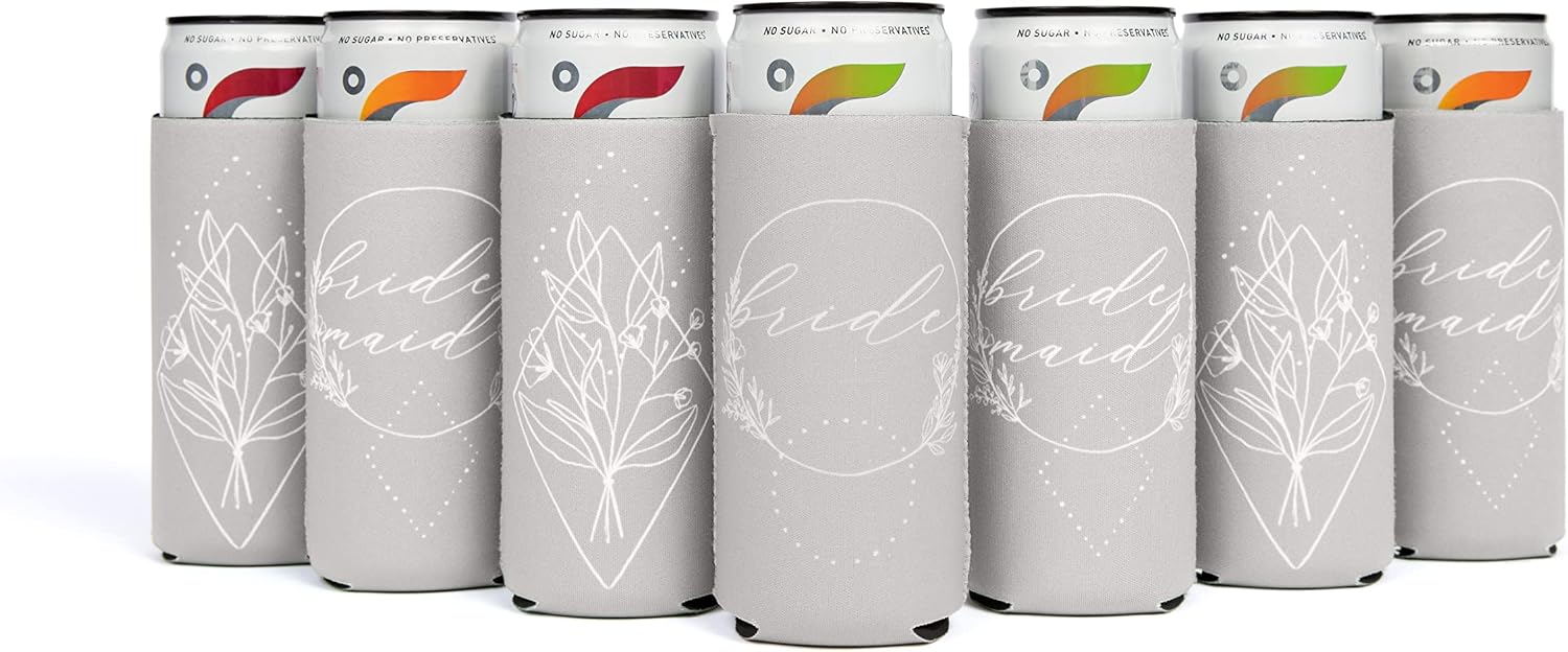 Bride & Bridesmaid Slim Can Cooler Set (7) - Bridesmaid Proposal & Wedding Day Gifts - Bridal Shower Decorations - Bridal Party Favors - Bachelorette Party Supplies - Floral Champagne