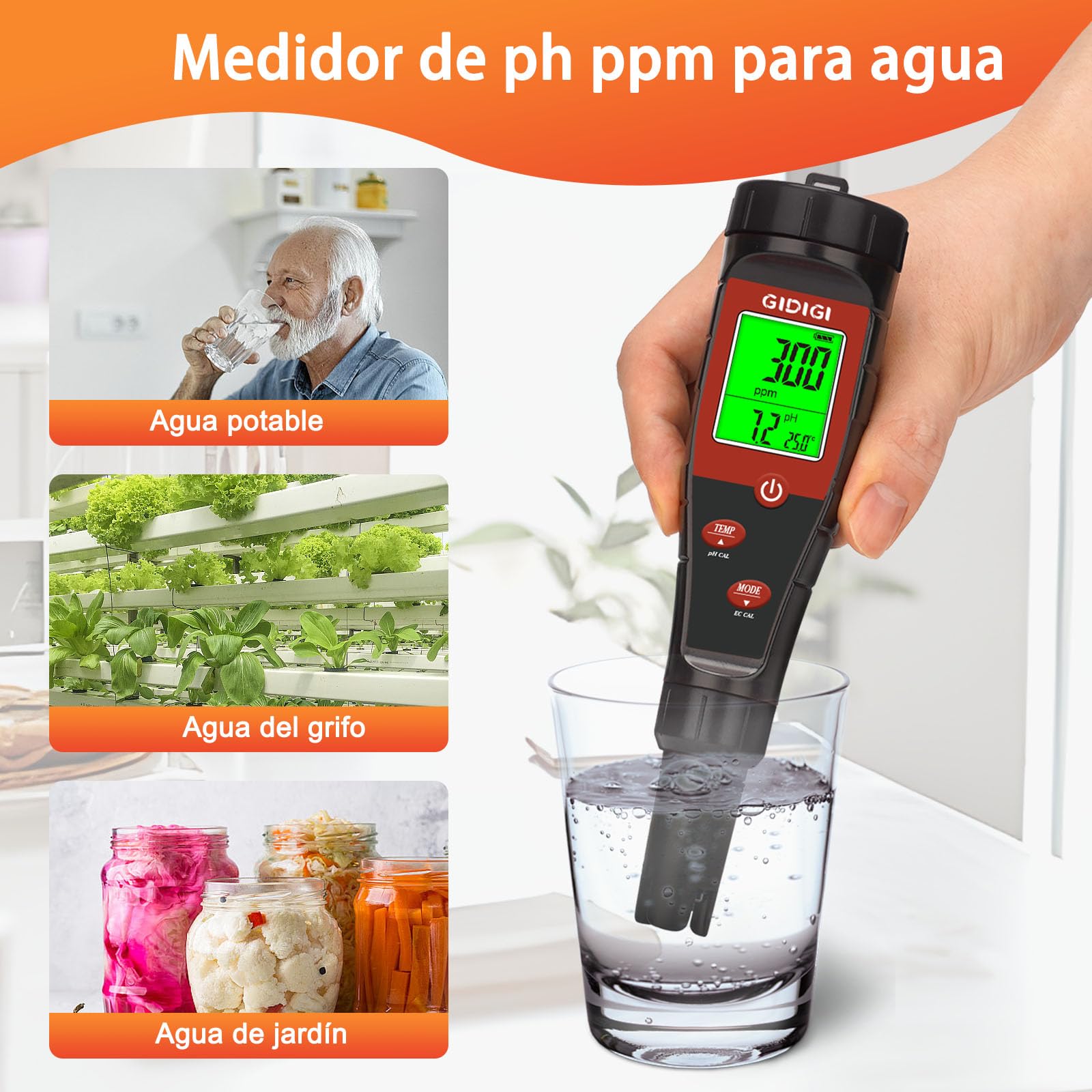 Medidor pH Agua 4 en 1, Probador Digital pH EC TDS para Piscina, Hidroponia, Agua Potable