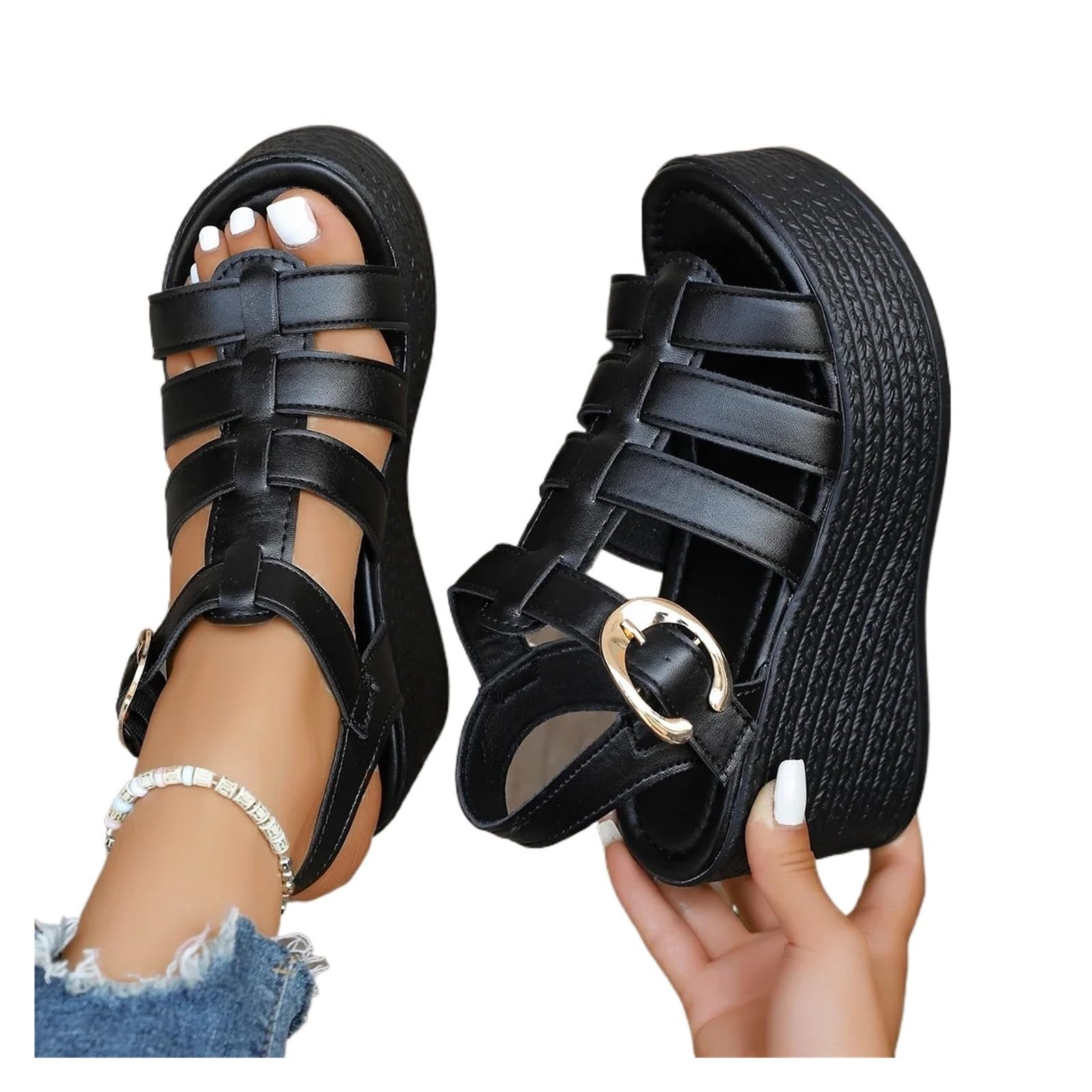 ZGXNYI Buckle Women Wedge Sandals Patchwork Platform Sandals Breathable Comfort Non-slip Soft Sole Gladiator Shoes Women(Black,40)
