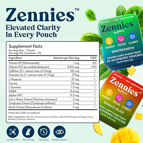 Miniatura 3 de Zennies Caffeine Nootropic Pouches with Alpha GPC, L-Tyrosine & L-Theanine, Lion's Mane, Cordyceps, Reishi, Nicotine Free, No Sugar or Artificial