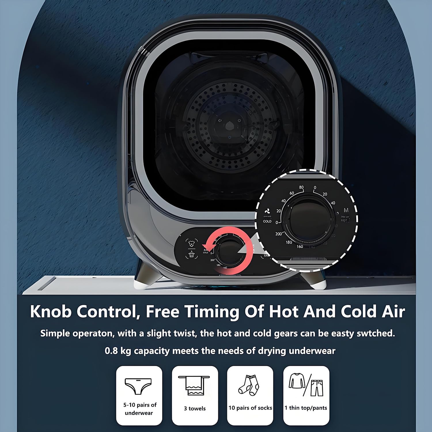 Minisecadora portátil de 450 W con Control de Temperatura Dual y Perilla de Control, silenciosa a 35 dB, para Cargas pequeñas (0,8 kg/18 L): Ropa Interior, Calcetines y Ropa de bebé. BlueA