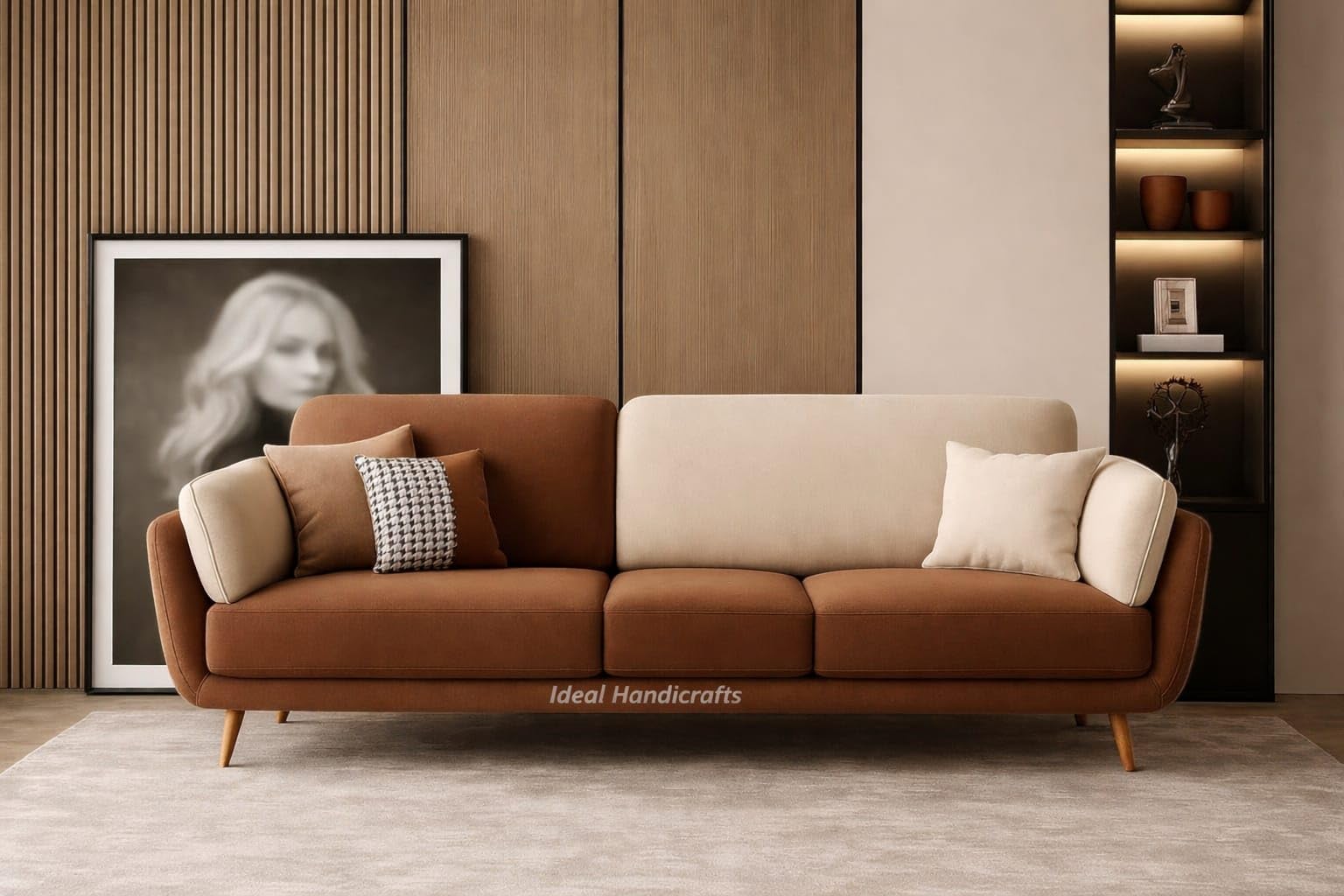 Ideal HANDICRAFTS Velvet Contemperory Sofa Couch with Cushion Chaise Lounge Sectiona Sofa Perfect for Living Room & Bedroom Guests Home & Office (Beige & Brown, Four Seater)-image-0