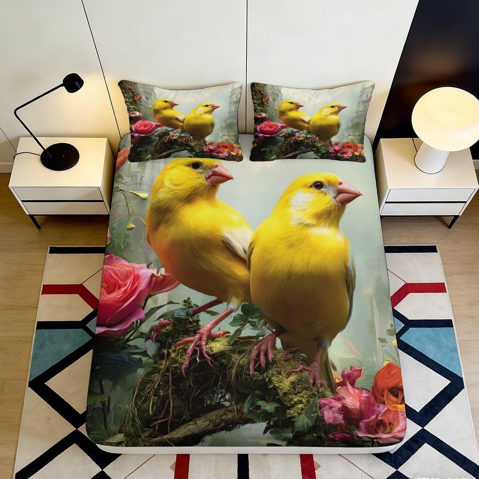 3D Printed Yellow Bird Floral Fitted Sheet Microfiber Soft Mattress Cover Bedroom Decor Anti-Slip Dustproof Washable 160x200x25cm