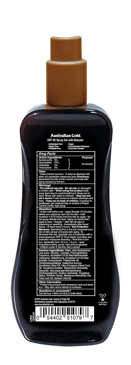 Australian Gold Spray Gel Sunscreen SPF 50 Broad Spectrum | Instant Bronzer