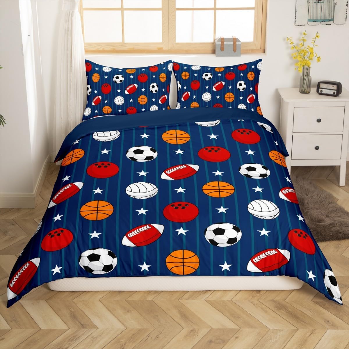 jejeloiu Ball Bedding Set Twin Size Ball Games Comforter Cover Set for Boys Girls Teens Football Duvet Cover Baseball Bedspread Cover Room Decor Vivid Blue Quilt Cover，No Comforter
