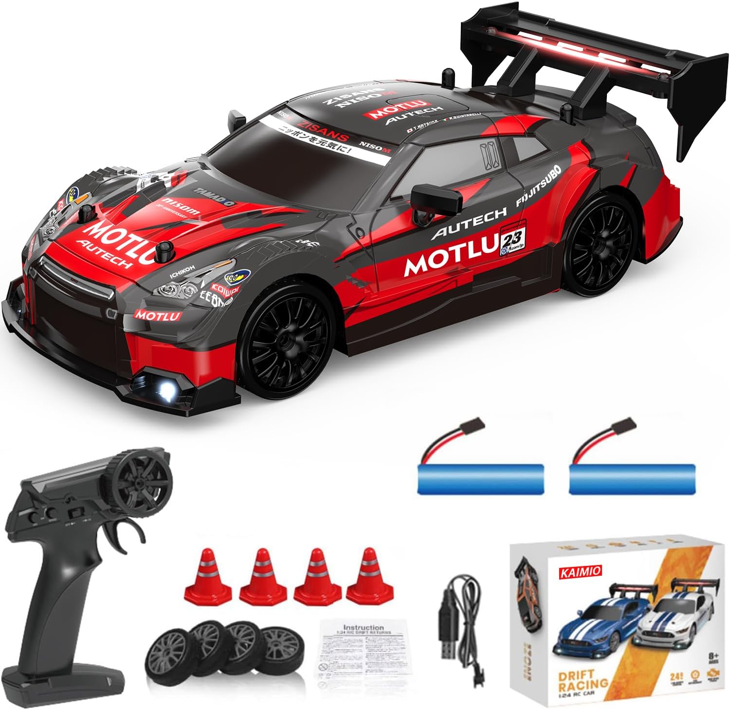 KAIMIO 1:24 Scale RC Drift Car 4WD 2.4GHz 30KM/H High Speed Racing Sport Toy Car with LED Lights, Racing and Drift Wheels (8601-Red)