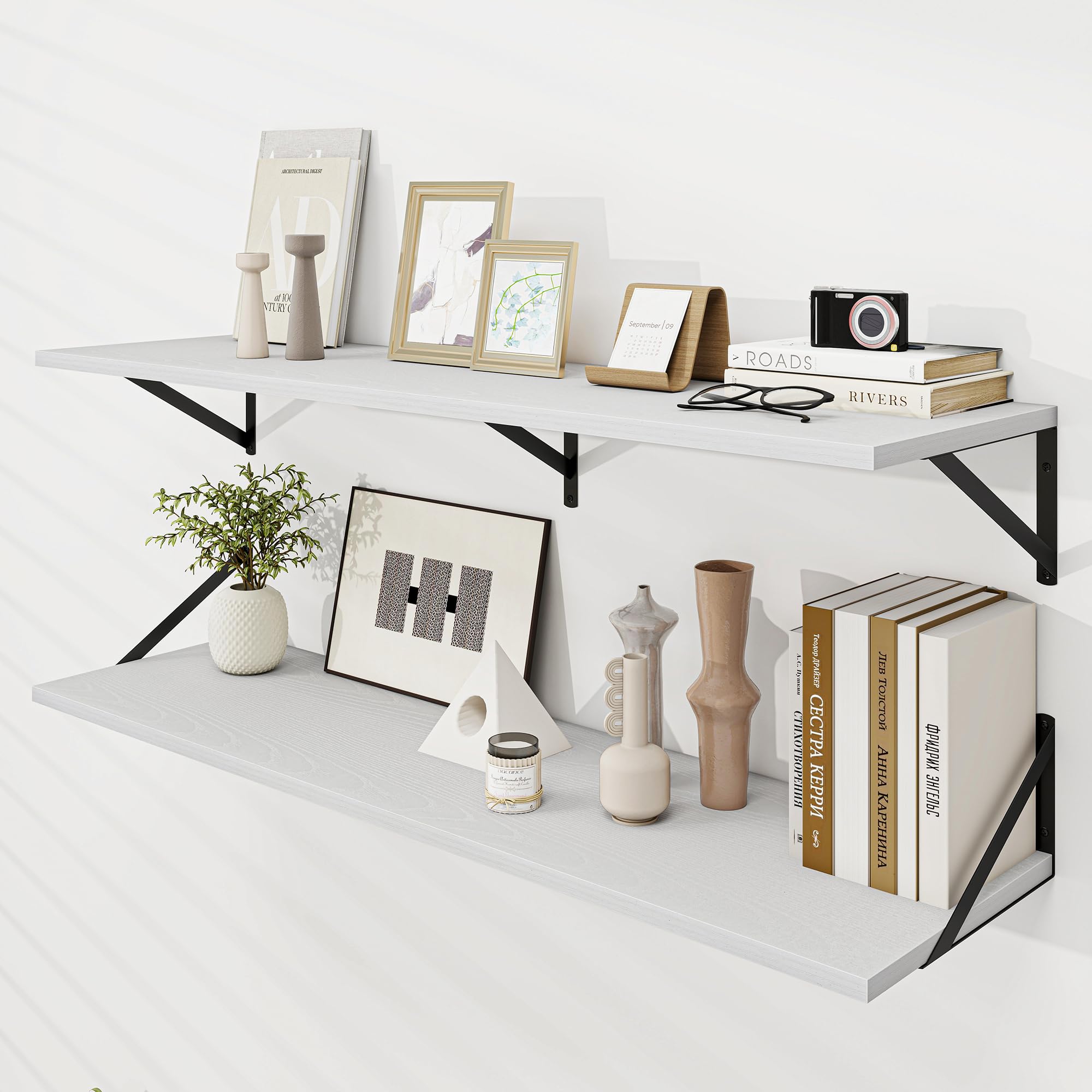 48 Inch Floating Shelves for Wall Set of 2 Wall Mounted Floating Shelf for Bathroom|Bedroom|Kitchen Rustic Wood Wall Shelves with Visible Bracket for Books|Plants|Decors, 48"D x 12"D, White