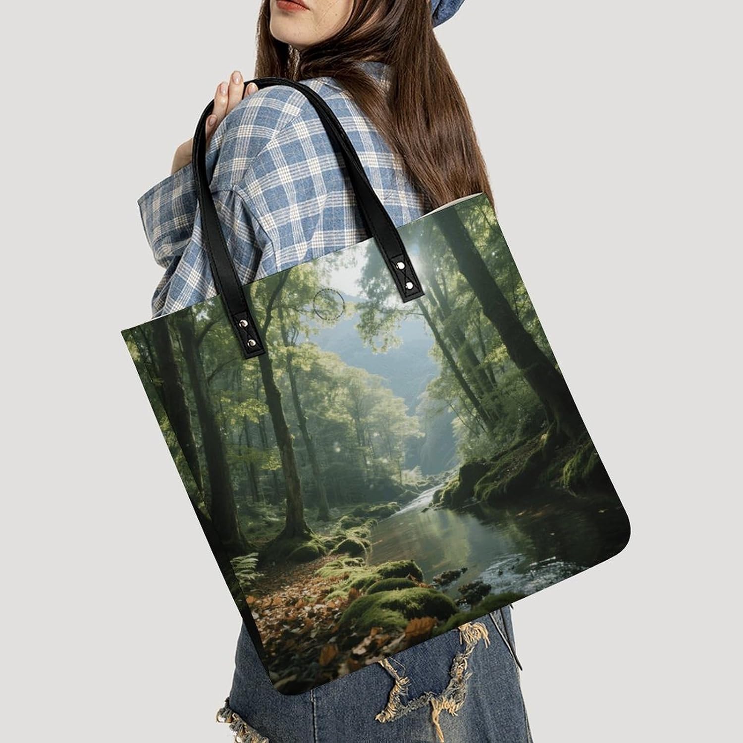 Mountain Forest Nature Tote Bag with Magnetic Buckle Reusable Grocery Bags Lightweight Cross Body Handbag for Daily Essentials