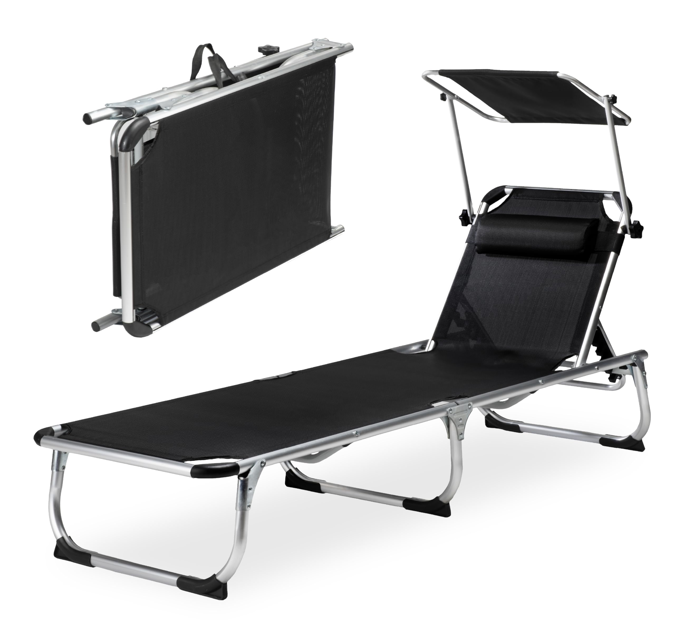 sunnypillow 2er Set Sonnenliege mit Dach, Strandliege klappbar leicht - 150 kg belastbar - Gartenliege aus Aluminium für Garten Balkon Terrassen - Liege mit 7 Fach Verstellbarer Rückenlehne - Schwarz