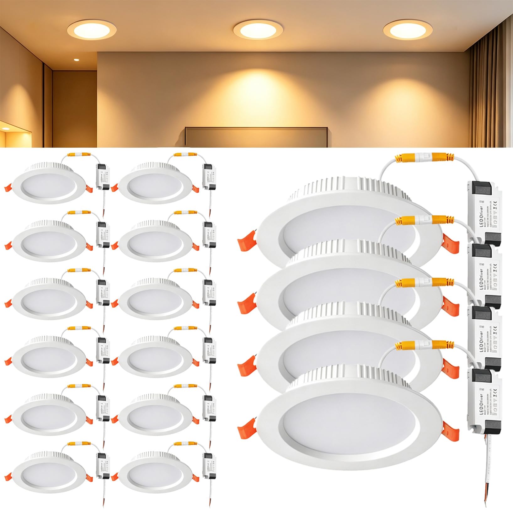 VOGHMOLD 9W LED Recessed Ceiling Lights, Cut Φ90-110mm, AC85-265V 3000K Flush Mount Flat Panel Downlight for Office, 16 Pack
