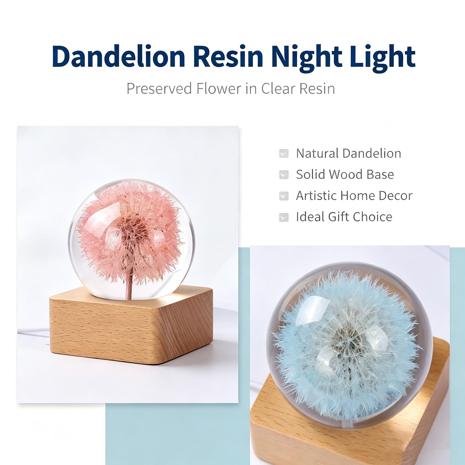 Lampada Resina Epossidica Tarassaco, Sfera Cristallo LED Luce Notturna