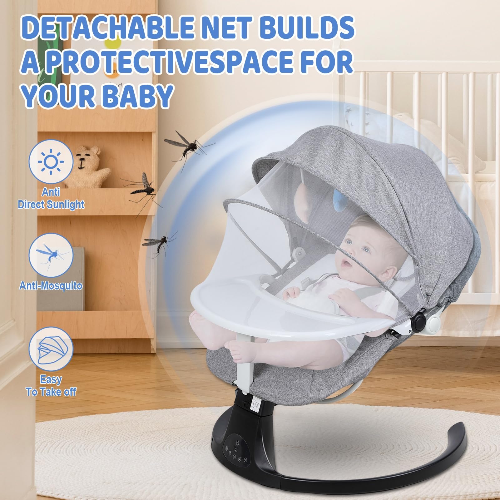 Transat Bébé Évolutif Balancelle Électrique avec Bluetooth/Télécommande - Harnais 5 Points, Mouvement Up-Down, Pare-Soleil et Alimentation Piles/Secteur - Transat Balancelle Bébé 0-24