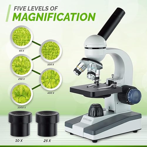 Miniatura 8 de AmScope Súper ahorro: microscopio monocular portátil para estudiantes 40X-1000X con juego de diapositivas preparadas de 25 piezas y pinzas, además