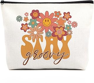 Makeup Bag Groovy Party Decorations Groovy Retro Hippie Boho D?or Groovy Party Favors Face Daisy Flower 70s Vintage Stay Groovy Toiletry Bag Zipper Pouch for Women Friends Birthday