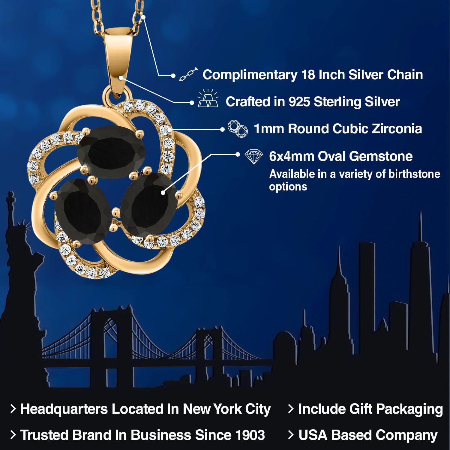 Gem Stone King 18K Yellow Gold Plated Silver Gemstone Birthstones 3 Stone Spiral Pendant Necklace for Women | Oval 6X4MM | Includes 18 Inch Chain | Fine Jewelry for Her Mom Wife