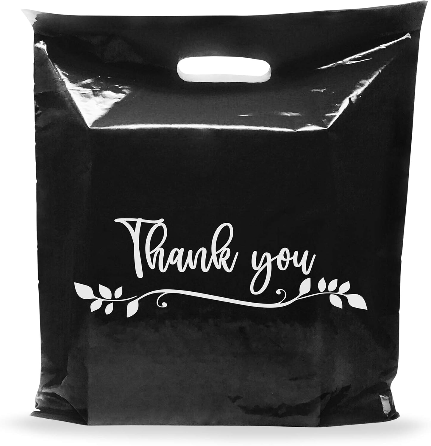 20x20 Black Thank You Merchandise Bags, Leaf Design, Extra Large Size, 100 Pack, 2 Mil Thick, with Die-Cut Handles by PPB