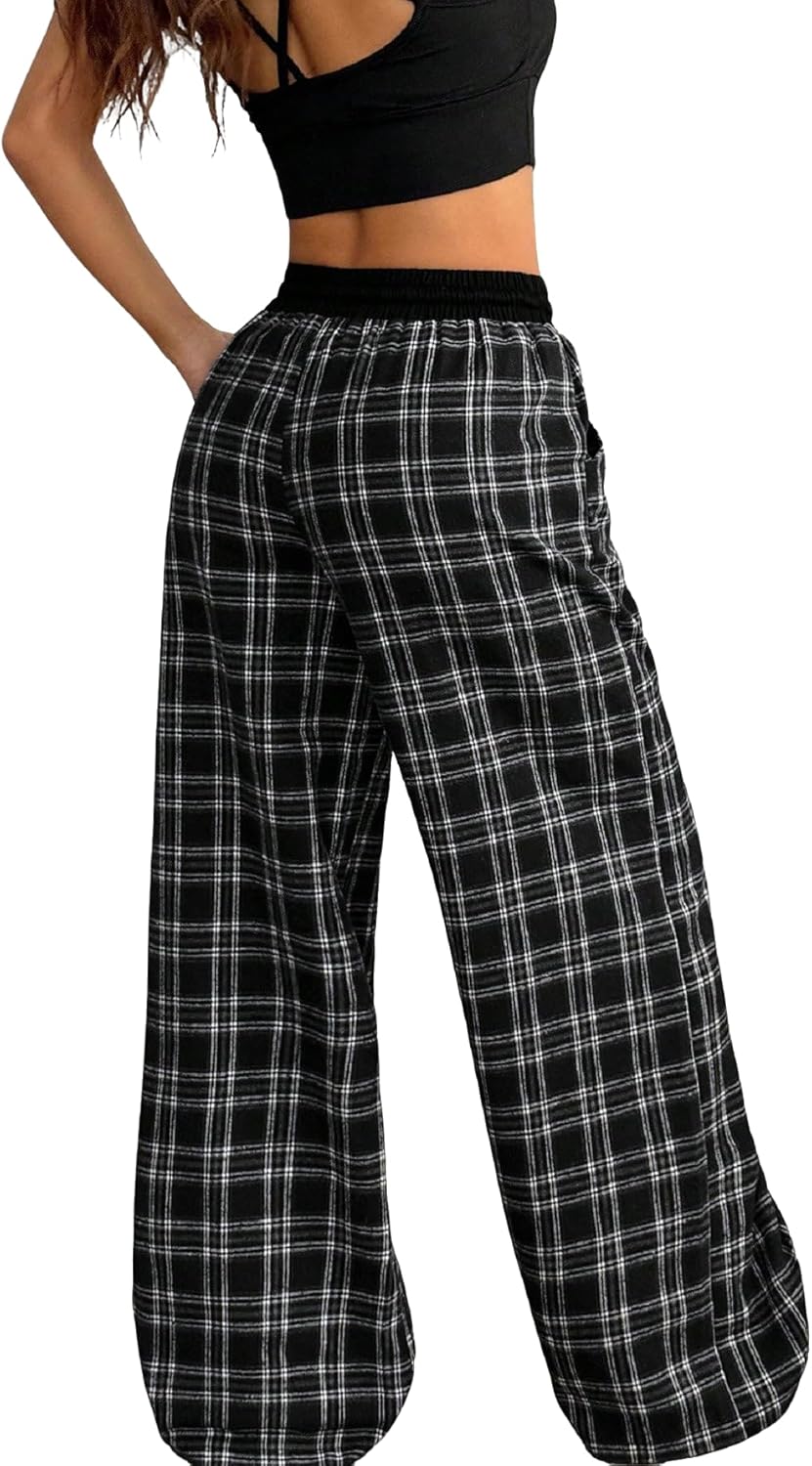 Women's Gingham Pants Plaid Casual Y2k Flannel Pajama Pants Wide Leg Baggy Pants Long Trousers with Pockets - Image 2