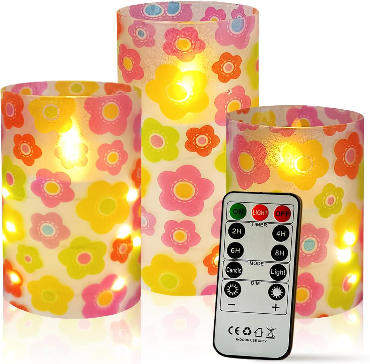Flickering Flameless Candles Cute Colorful Flowers Print Embedded Star String Lights, Battery Operated Acrylic LED Pillar Candles with 11-Key Remote and Timer for Home Decoration, 3 Pack
