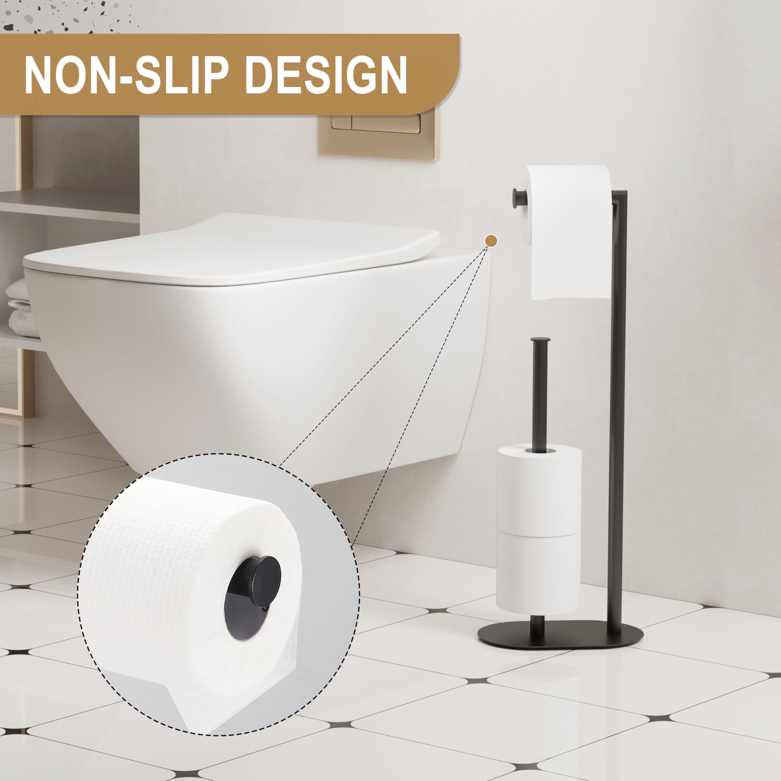 BVL Standing Toilet Paper Holder, Black, Stainless Steel Toilet Paper Holder, Standing, Toilet Paper Stand - Image 3