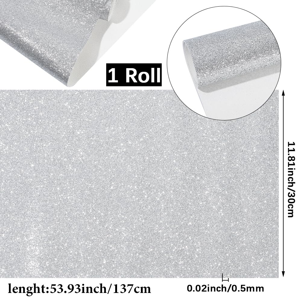 CALFOVERA 137 x 30cm Glitter PU Leather Sheets Sparkly Shiny Leather Rolls Superfine Sparkle Solid Fabric for DIY Crafts Patchwork Wedding Sewing Making Earrings Decorations (Silver) - Image 2