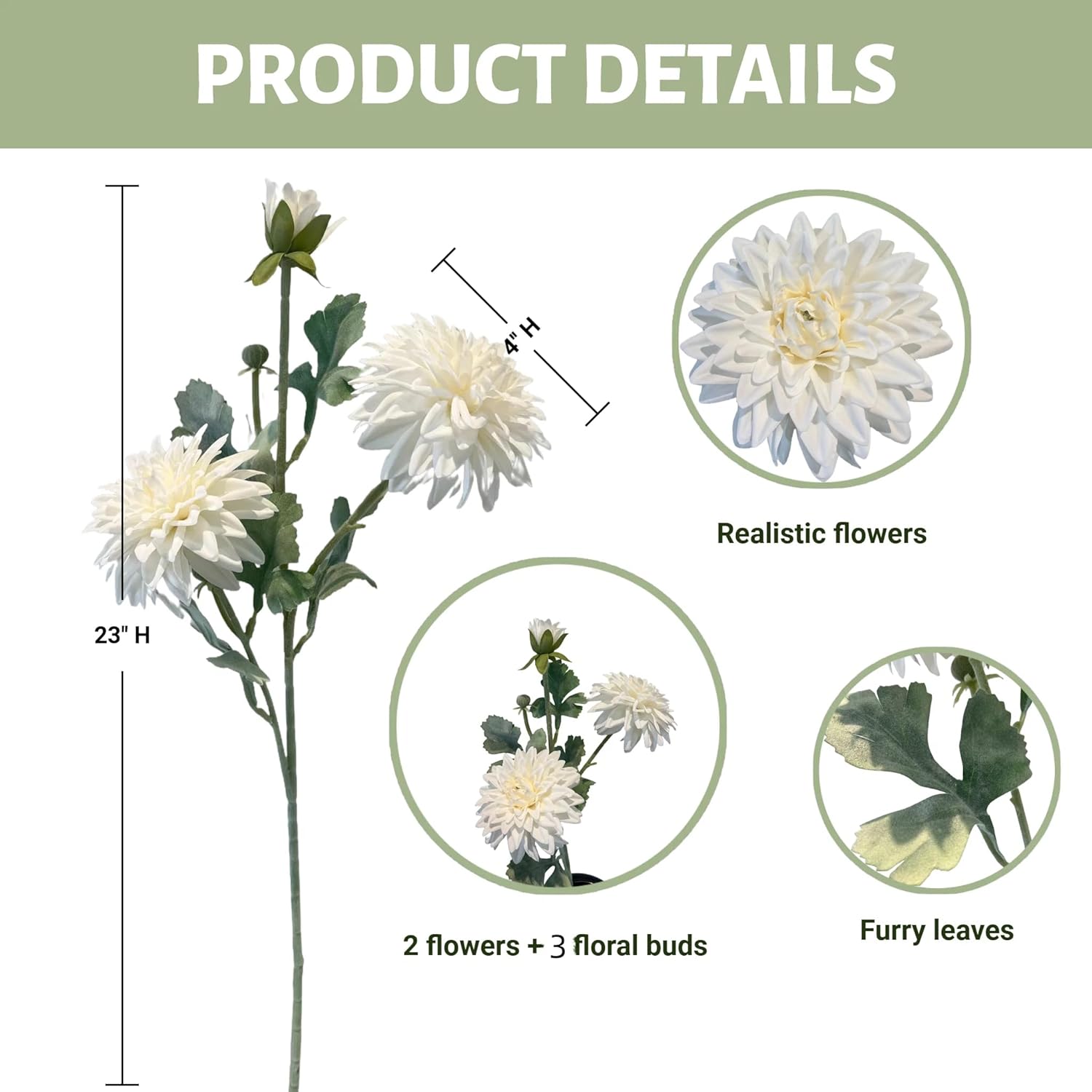 Dahlia Artificial Flowers, 23 inch White Silk Flowers with 6 Heads, Realistic Faux Floral Stems for Wedding Centerpieces and Home Decor - Image 3