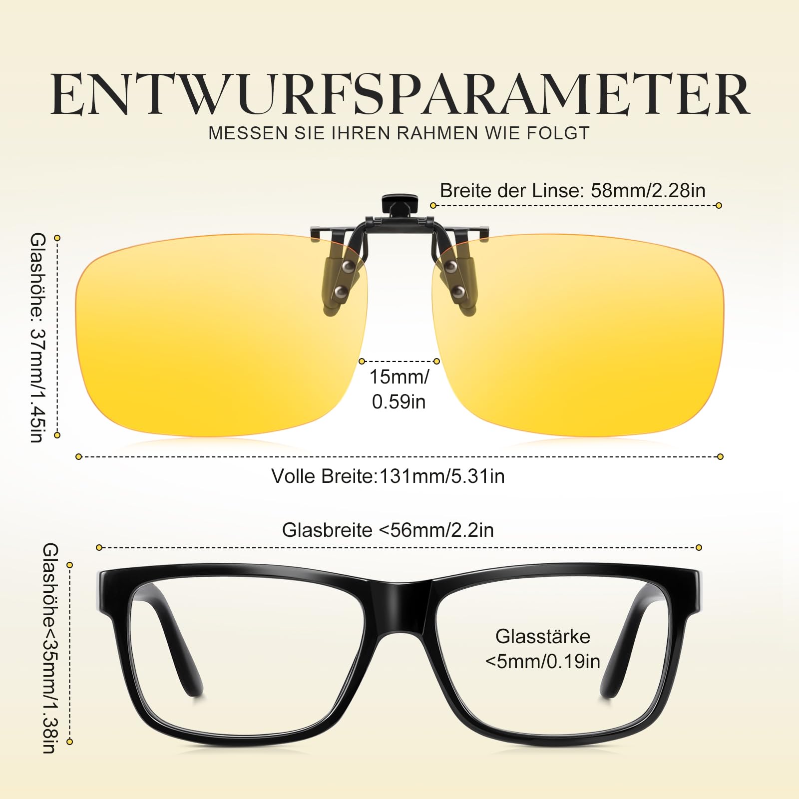 Clip-on Nachtfahrbrille-Nachtbrille zum Autofahren für Herren und Brillenträger-Polarisiert-Reduziert effektiv die Blendung von entgegenkommenden Scheinwerfern-HD Sichtglas(58 * 37mm)