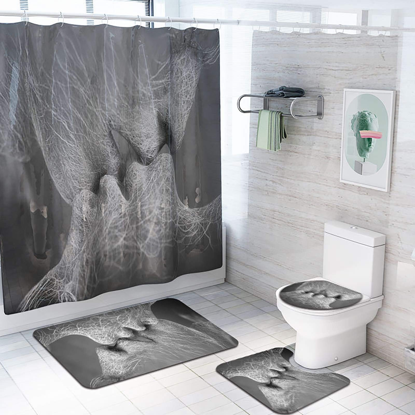 Ensemble rideau de douche et tapis de toilette : finis les sols mouillés
