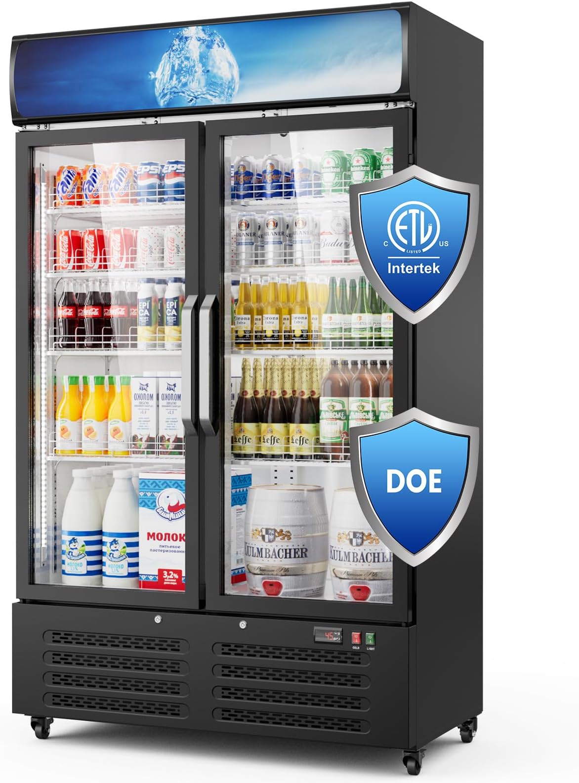 44"W ETL & DOE Certified 28 Cu Ft Commercial Merchandiser Refrigerators 2 Doors, Display Beverage Fridge with Built-in LED Light & Front LED Light,Double Glass Door Upright Business Retail Cooler