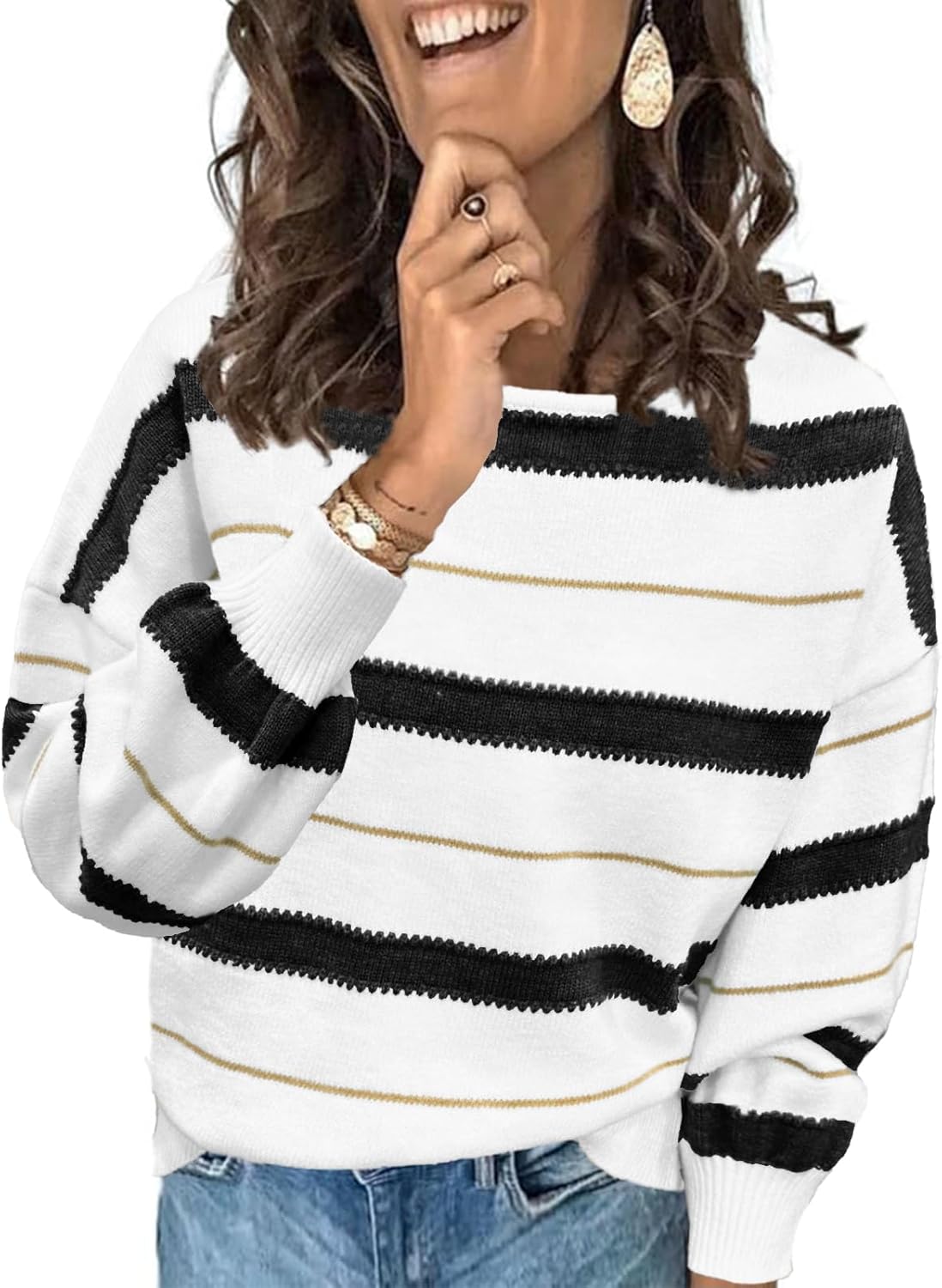 ANCAPELION Women's Color Block Sweaters Long Sleeve Crewneck Pullover Cozy Knitted Striped Jumper Tops