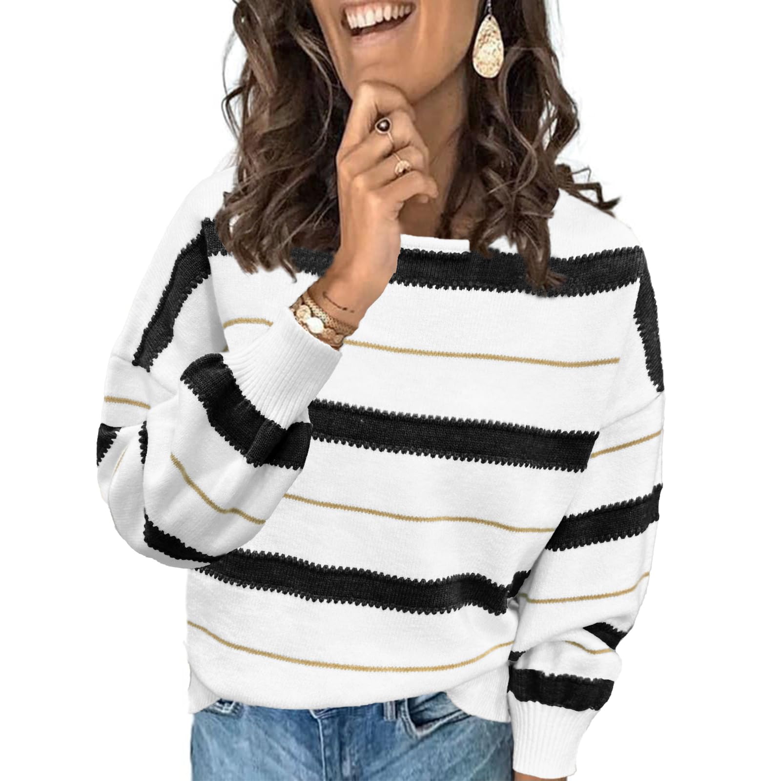 ANCAPELION Womens Color Block Sweaters Long Sleeve Crewneck Pullover Cozy Knitted Striped Jumper Tops