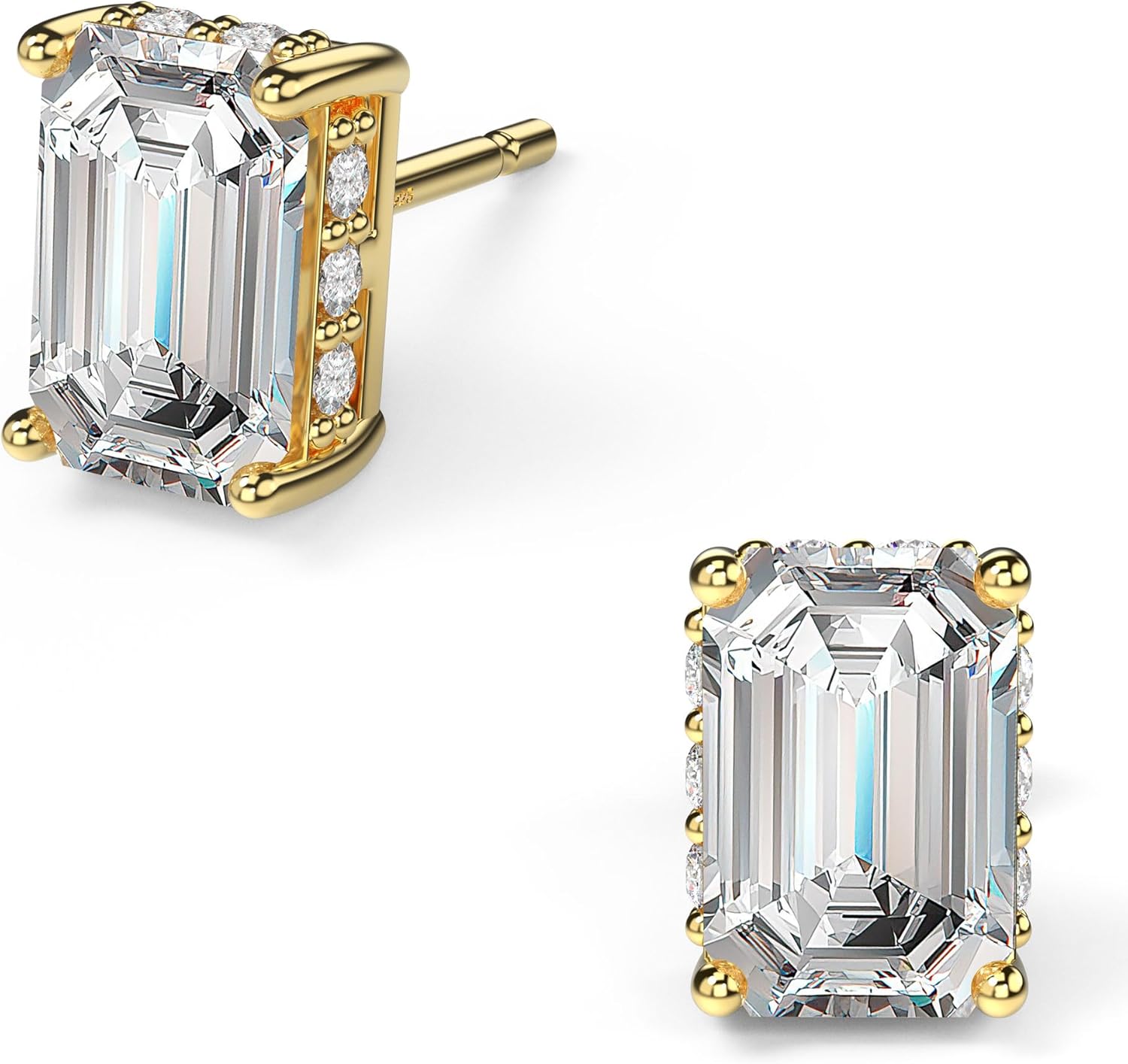 18K White Gold Plated Sterling Silver Emerald Cut Cubic Zirconia Stud Earrings Clear CZ Diamond Stud Earrings for Women Men Hypoallergenic