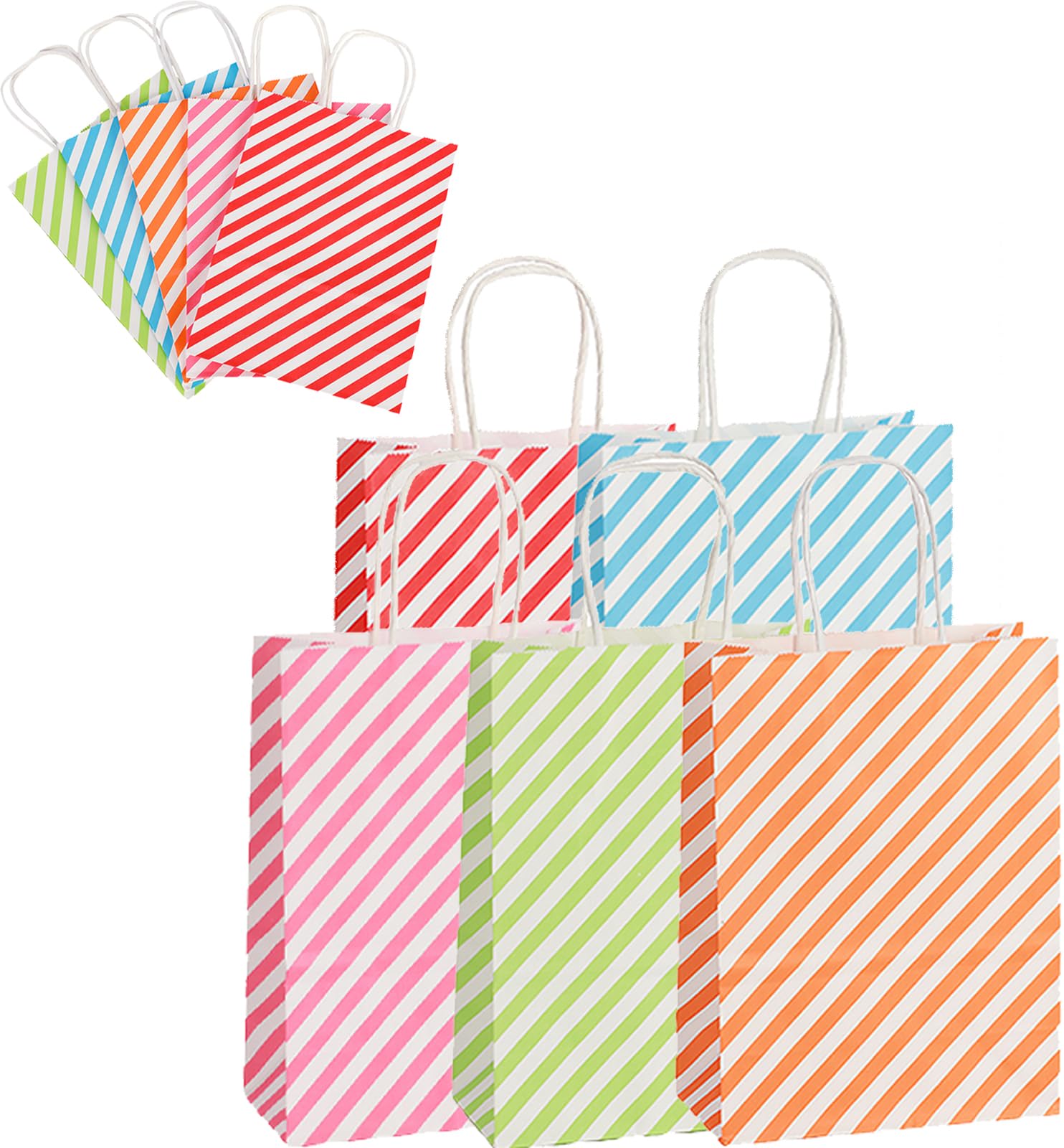 10 Stück Geschenktüten Geburtstag Partytüten Kindergeburtstag Bunte Streifen Mitgebsel Tüten Geschenktüten mit Henkel, Papiertragetaschen für Hochzeit Partys Geburtstage Weihnachten (21x15x8cm)