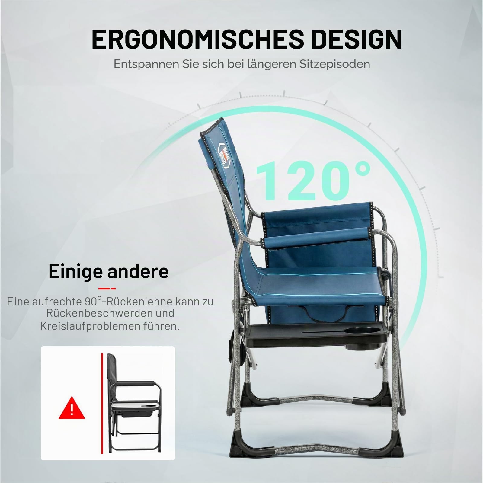 OVERMONT Campingstuhl Faltbar Regiestuhl Klappbar - bis 180 KG Belastbar - 2PCS Klappstuhl mit Seitentisch Kühltasche für Camping Angeln Festival Blaugrau