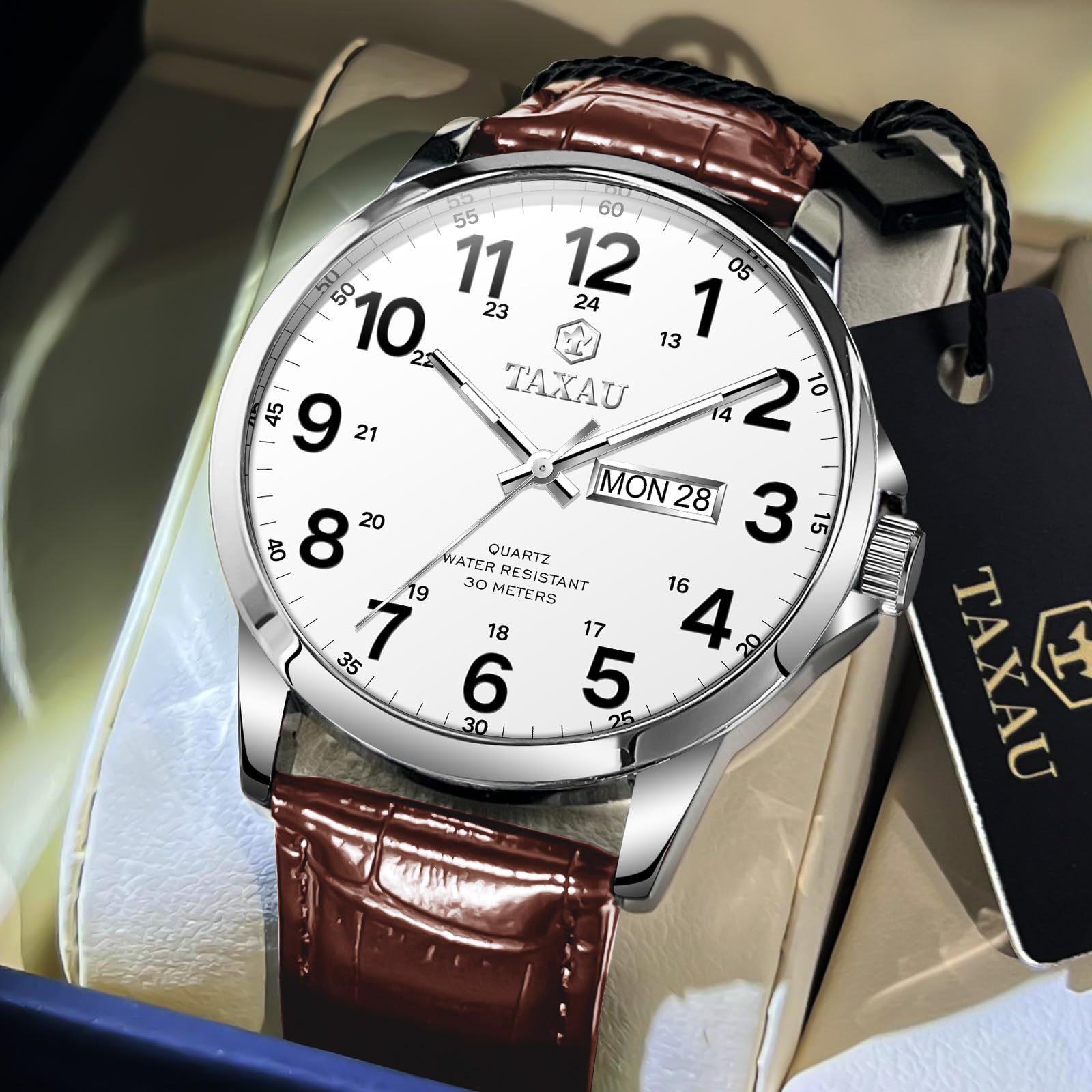 Taxau Uhren Herren Klassischus Lederarmband Wasserdicht Großes Zifferblatt