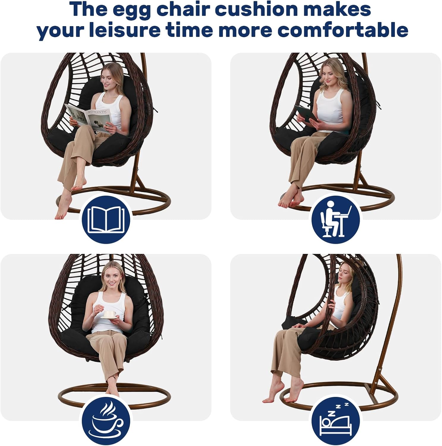 idee-home Egg Chair Cushion Replacement, Hanging Chair Cushion Outdoor with Waterproof Cover, Wicker Hammock Swing Cushioned for Patio, Black（Without Chair）