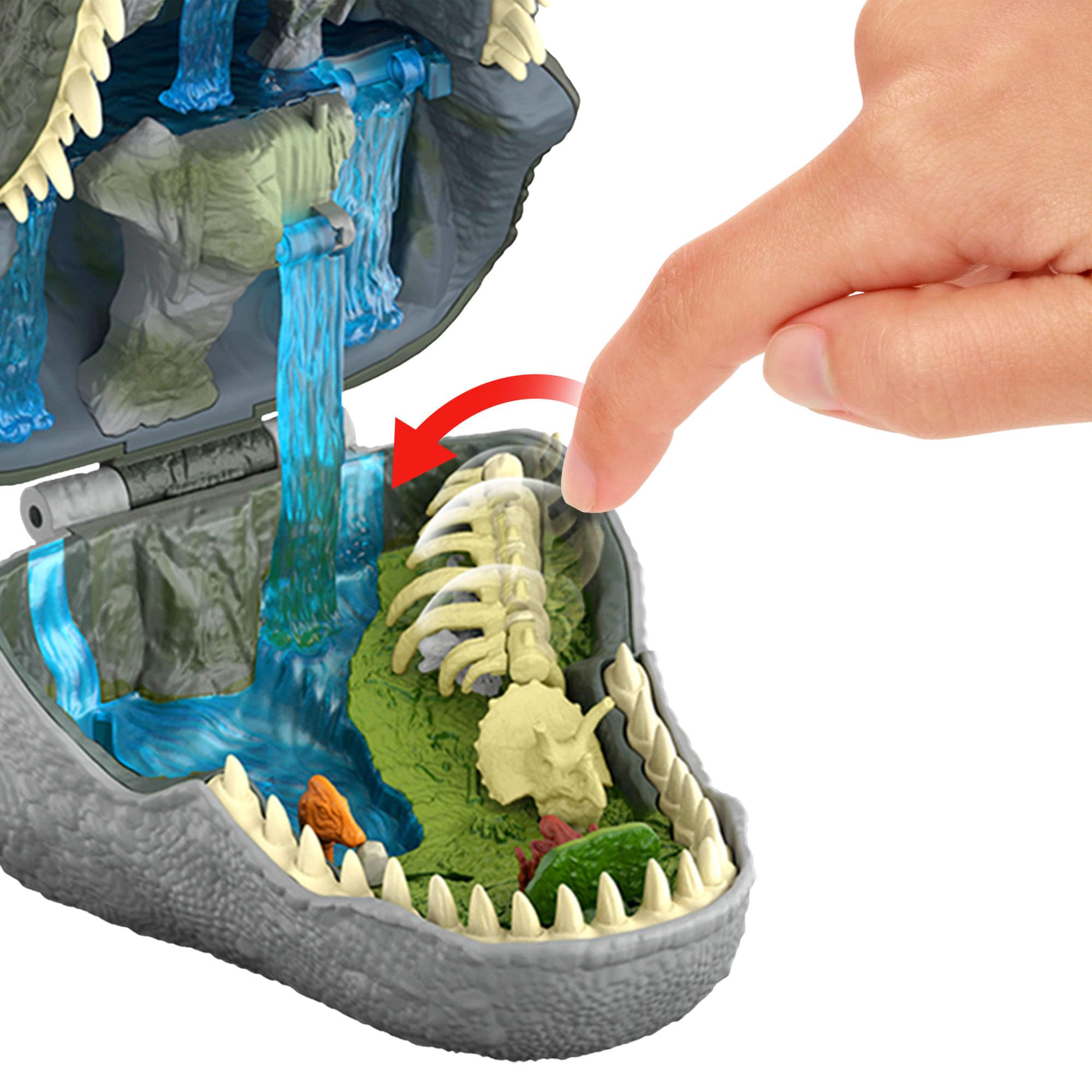 ​Mattel Jurassic World La Rinascita Micro Avventure, playset con testa di T-Rex che si apre con 4 funzionalità interattive, 3 micro personaggi, T-Rex giocattolo, JGB97